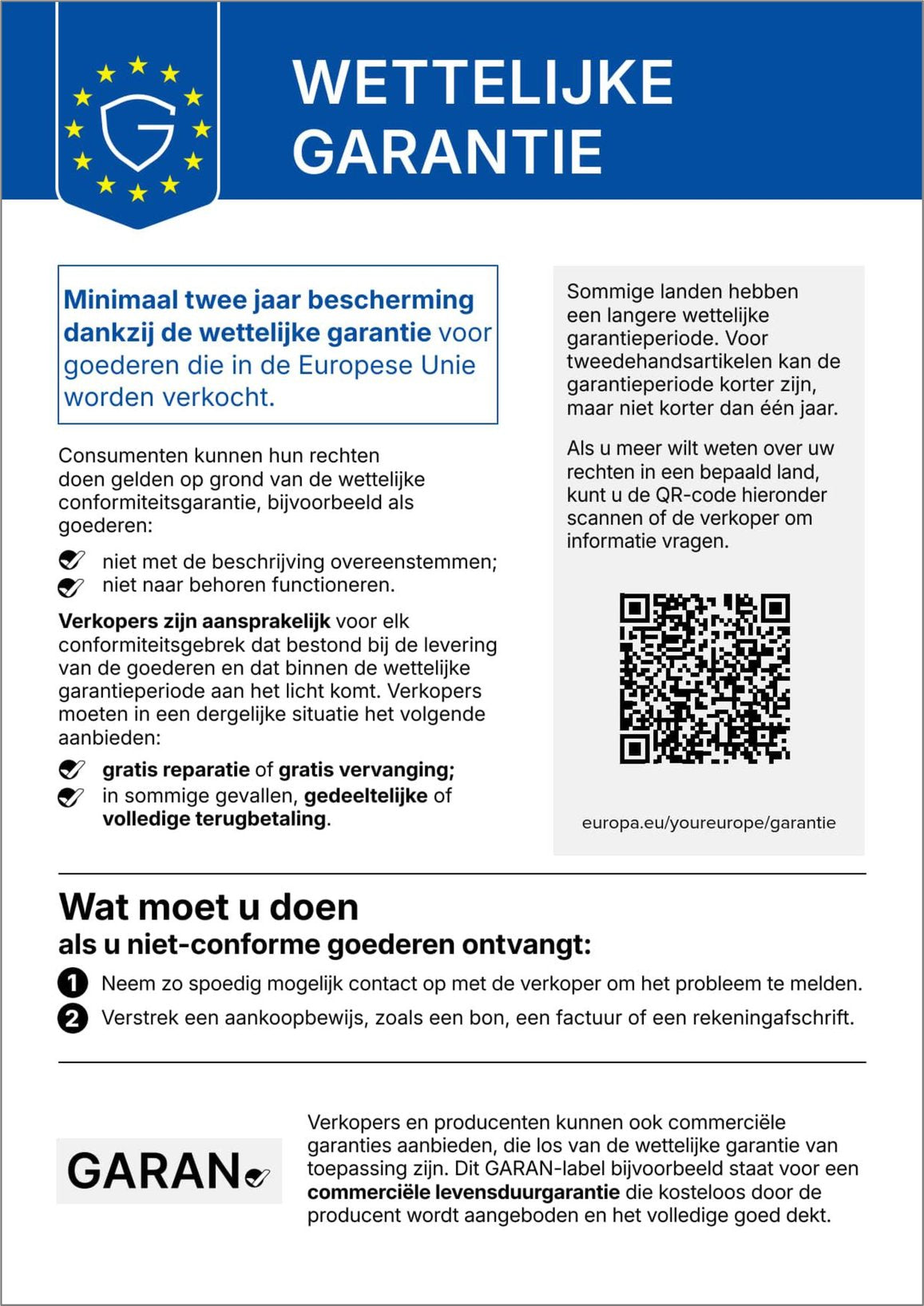 Europese kennisgeving: wettelijke garantie